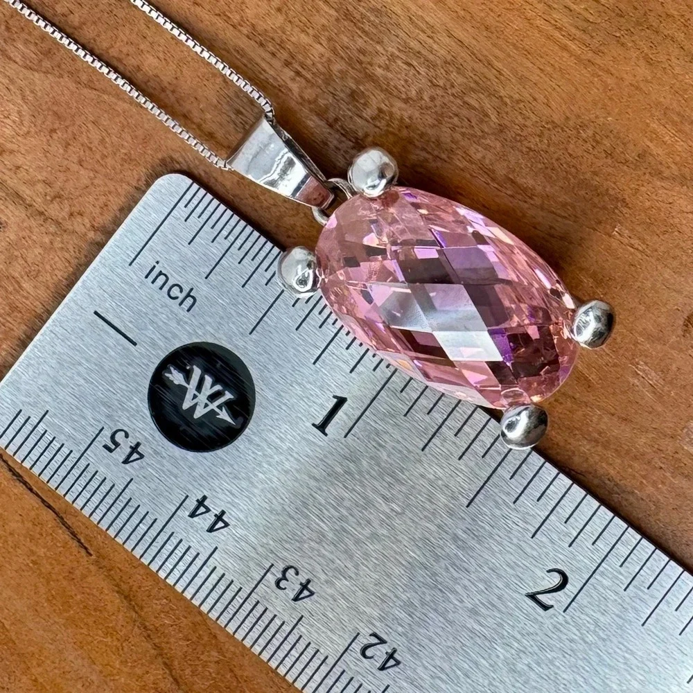 Sterling Silver Necklace with Bold Pink Oval Faceted CZ Gemstone Pendant 18